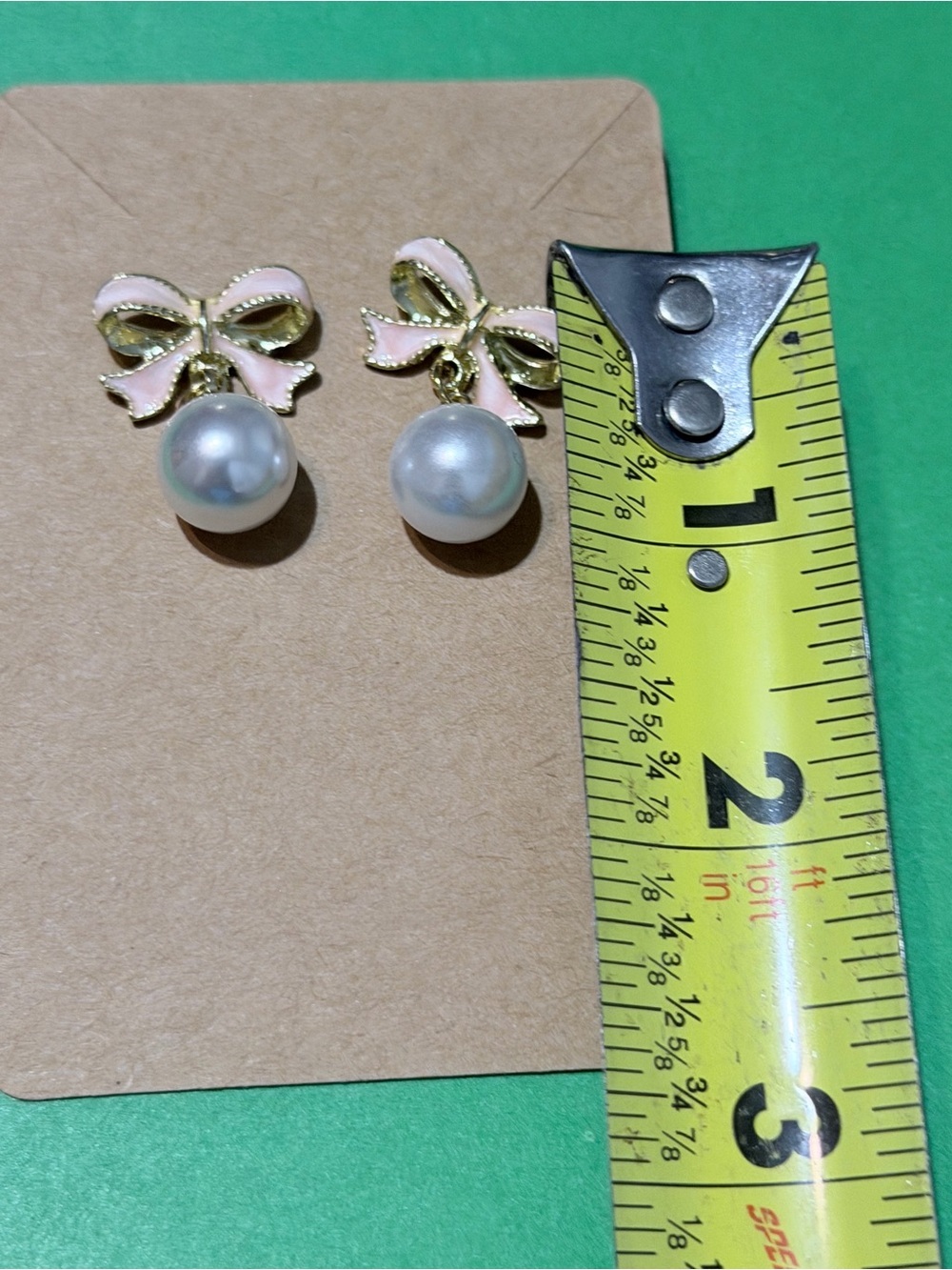 Pink Enamel Bow Pearl  Gold Fairy Core Drop Earrings - Picture 8 of 8